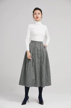 elegant pleated skirt with high waist and wide waist band 2243 – xiaolizi Romantic Skirt, Skirt Winter, Tailored Clothes, Handmade Skirts, Mid Skirt, Summer Linen Dresses, Long Skirts For Women, Wide Waist, Winter Skirt