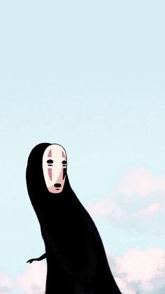 a person with a mask on standing in front of the sky and clouds behind them