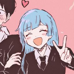 two people with blue hair and one is making the v sign while the other holds his hand up