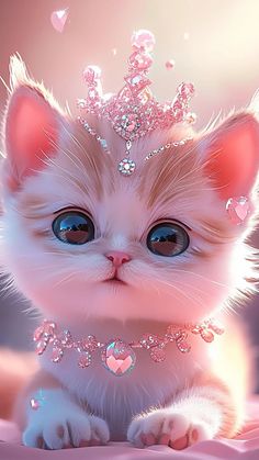 a white kitten wearing a tiara with hearts on it's head and eyes