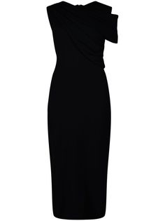 black draped design single short sleeve calf-length straight hem Pre-draped Knee-length Evening Midi Dress, Pre-draped Asymmetrical Midi Dress For Dinner, Black Midi Dress With Draped Sleeves For Party, Black Party Midi Dress With Draped Sleeves, Black Midi Dress With Draped Sleeves For Night Out, Pre-draped One Shoulder Midi Dress For Dinner, Formal Pre-draped Knee-length Midi Dress, Black Draped Sleeves Midi Dress, Black Pre-draped Asymmetrical Dress