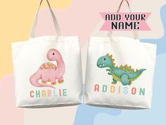 Make your child's day with our kids canvas tote bag, personalized with their name and a cute dinosaur design. Crafted from durable, eco-friendly canvas, this tote is perfect for carrying books, toys, or snacks. Add a fun and personalized touch to your child's adventures with this charming custom dino tote. kindergarten gift, preschool kids, school bag, animal tote, diaper bag, blanket bag, daycare bag, back to school, kindergarten gift, kids bag, school bag, tote bag canvas, canvas tote bag, eco friendly bag, reusable bag, custom totes, personalized totes, custom tote bag, custom name bag, custom name tote bag, custom name gift, womens tote, personalized name, kids bag WHY SHOULD I ORDER FROM YOU? ❤️ Quality Materials: Our clothing is made from high-quality, child-safe materials that ensur Playful Personalized Bags For Daily Use, Playful Personalized Bags For End Of School Year, Personalized Playful Bags For Everyday Use, Playful Personalized Bags For Everyday Use, Personalized Playful Bags, Playful Personalized Everyday Bags, Cute Personalized Daycare Bag, Personalized Back To School Bags, Personalized Pink Bag For Daycare