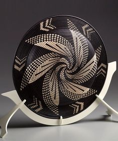 a black and white plate sitting on top of a stand