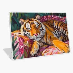 a painting of a tiger laying down on a pink couch with green leaves around it