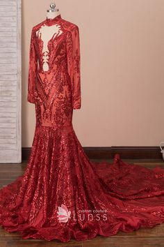 Glamorous Red Long Sleeve Sequin Dress, Red Long Sleeve Glamorous Sequin Dress, Red Long Sleeve Mermaid Dress For Wedding, Red Carpet Red Gown With Mermaid Hem, Glamorous Long Sleeve Mermaid Dress With Sequins, Red Mermaid Hem Gown For Red Carpet, Red Long Sleeve Sequin Dress, Glamorous Red Mermaid Dress For Red Carpet, Glamorous Red Mermaid Dress For Prom