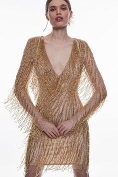 Giving The Illusion Of Dripping In Crystals, This Striking Mini Dress Promises To Make An Unforgettable Entrance. Silver Embellished Crystal Fringing Gracefully Cascades In A Fluid Motion, While Nude Fabric Sculpts The Silhouette To Sultry Effect. Crystal Fringe Tasselslong Sleevesv-Necklinemini Hemlineinvisible Zip Fastening Beaded Fringe Dress, Nude Fabric, Crystal Fringe, Fringe Dress, Beige Fabric, Beaded Fringe, Tassel Fringe, Karen Millen, Fashion Face