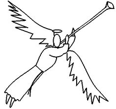 an outline drawing of a person holding a spear and flying through the air with wings