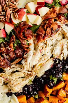 an assortment of food that includes chicken, apples, cranberries and pecans