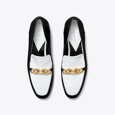 The classic loafer, distinguished by metal horsehead hardware and crafted in two-tone crocodile-embossed leather. Wear it with everything from feminine dresses to menswear-inspired pieces. Feminine Dresses, Crocodile Shoes, Designer Flats, Leather Wear, Loafers Style, Feminine Dress, Footwear Design Women, Menswear Inspired, Handbag Shoes