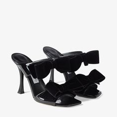 The Flaca Sandals Are Expertly Crafted In Italy From Black Patent Leather. A Playfully Elegant Style Adorned With Bows, This Sleek Silhouette Sits On 100Mm Heels Made For A Striking Yet Effortless Evening Look. Party Wedding Dress, High Heel Slippers, Open Toe High Heels, Womens Stilettos, Jimmy Choo Shoes, Women Sandals, Party Shoes, Shoes Fashion