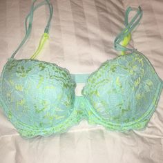 Seafoam Green Demi Lace Lightly Lined Bra With A Hint Of Neon Yellow In The Lace And On Straps. It Is Just A Bit Small On Me Spring Green Bra With Lace Trim, Green Lace Trim Bra For Spring, Green Lace Bra With Padded Cups, 32d Bra, Demi Bra, Seafoam Green, Neon Yellow, Victoria's Secret Pink, Pink Yellow