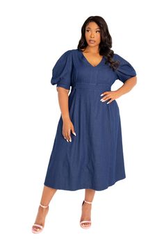 Buxom Couture Curvy Women Plus Size V-Neck Puff Sleeve Denim Dress Denim Blue Puff Sleeve Midi Dress, Long Shirt Dress, Sleeve Midi Dress, Long Sleeve Shirt Dress, Shop Maxi Dresses, Floral Dress Black, Two Piece Dress, Cinched Waist, Piece Dress