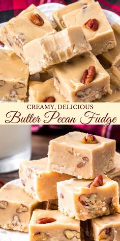 some pieces of pecan fudge are stacked on top of each other with nuts