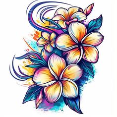 an artistic flower tattoo design with watercolor splashs on the side and flowers in the middle