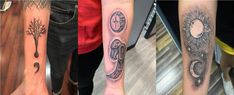 four different tattoos on the arms of people with trees and sun in them, all done by one person