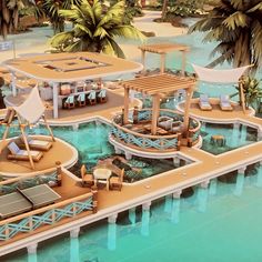 an artist's rendering of a floating resort with lounge chairs, tables and umbrellas