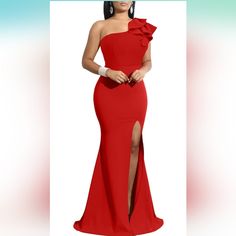 Ymduch Women's Sexy Sleeveless One Shoulder Ruffle High Split Party Evening Long Formal Dress Amazon's Choice Red Xl Sleeveless Ruffle Club Dress, Sleeveless Ruffled Club Dress, Red Sleeveless Flirty Maxi Dress, Red Strapless Maxi Dress With Ruffles, High Split Dress, Long Formal Dress, Split Dress, Dress First, Xl Dress