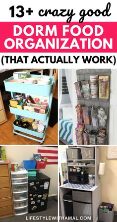 an organized dorm room with drawers, shelves and bins on the bottom right side