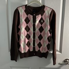 Nwt - Never Worn Size: Large (12-14) Color: Brown/Pink Cute Pink Cardigan With Button Closure, Pink Button-up Sweater For Winter, Casual Pink Sweater For School, Pink Winter Sweater For School, Pink Button-up Cotton Cardigan, Pink Cotton Sweater With Buttons, Pink Button-up Casual Sweater, Pink Casual Button-up Sweater, Pink Cotton Button-up Cardigan