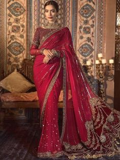 Latest Pakistani Dresses, Pure Chiffon Sarees, Pakistani Dresses Online, Designer Sarees Collection, Pure Chiffon, Maria B, Party Kleidung, Embroidery Saree, Red Saree