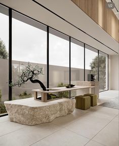 a room with large windows and a bonsai tree on the wall next to it