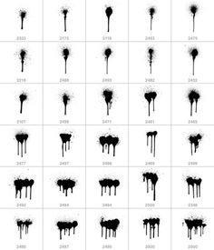 black ink splattered on white paper with different colors and sizes, including the number one