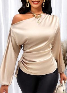 Color:Champagne;Size:S;Size:M;Size:L;Size:XL;Size:XXL;Package Contents:1 X Blouse;Occasion:Other;Style:Casual; Dressy Blouses For Women Classy, Asymmetrical Sleeve Top, Design For Tops For Women, Tops For Trousers Women, Fashion Blouses For Women, Girly Fashion Style, Unique Tops For Women Classy, Shirt Style Tops For Women, Cute Sleeves Design