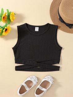 Tween Girl Black Solid Casual Simple Round Neck Tank Top, Summer Black Casual   Knitted Fabric Plain Tank Medium Stretch  Tween Girls Clothing, size features are:Bust: ,Length: ,Sleeve Length: Cute Black Crew Neck Crop Top, Tanktop Girl, Ribbed Knit Top, Tank Girl, Summer Black, Knitted Tank Top, Tank Top Cami, Black Tank, Kids Sleepwear