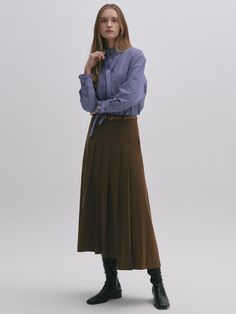 Composition : Mixed Wool Twill Spandex (BR,DN)/ BR,DN: Wool 18% polyester 56% rayon 24% polyurethane 2%Color : BROWNCountry of Origin : Republic of Korea Blue Office Skirt For Fall, Brown Pleated Skirt For Work, Brown Long Pleated Skirt For Work, Elegant Brown Pleated Skirt For Work, Elegant Brown Pleated Skirt For Fall, Brown Pleated Skirt For Winter Workwear, Fitted Brown Flared Pleated Skirt, Brown Pleated Midi Skirt For Work, Brown Flared Skirt For Work