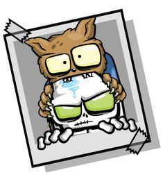 an owl with glasses sitting on top of a white box and looking at the camera