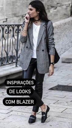 Checkered Blazer Outfit, Black Pencil Skirt Outfit, Checkered Blazer, How To Wear Leggings, Black Leather Pants, Elegante Casual, Checked Blazer