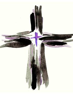 the cross is painted with black and purple ink on white paper, as well as watercolor