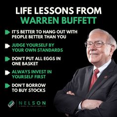 a man in a suit and tie standing with his arms crossed next to the words life lessons from warren buffet it's better to hang out with people than you