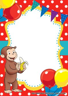 a birthday card with a monkey holding a banana in front of balloons and streamers