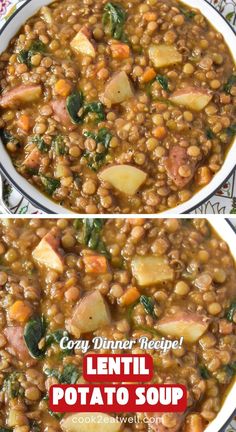 two bowls filled with lentil and potato soup