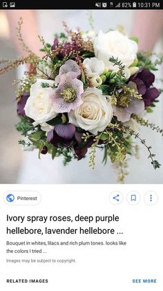 a bride holding a wedding bouquet with white and purple flowers on the bottom right side