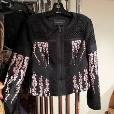 Brand New, Never Worn. Spring Party Outerwear With Floral Print, Designer Pink Spring Outerwear, Designer Spring Evening Outerwear, Designer Evening Outerwear For Spring, Pink Flower Design, Blazer Black, Black Blazers, Design Color, Pink Flower