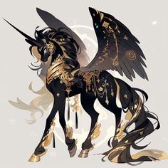 a black and gold horse with wings on it's back