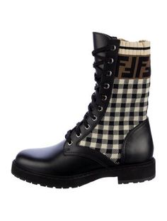 Fendi Mid-Calf Combat BootsBlackPlaid PrintZucca FF LogoLeather TrimRound-ToesPlatformLace-Up Closure at UppersDesigner Fit: Boots by Fendi typically run a half size small. Best Ankle Boots, Shoes Fashion Photography, Boots Fall Ankle, Waterproof Leather Boots, Gucci Boots, Ankle Shoes, Sock Boots, Old Shoes, Wedge Ankle Boots