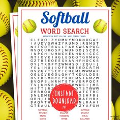 a softball word search is shown in front of many yellow baseballs with red lettering