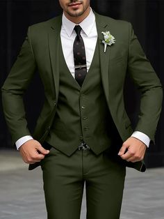 Dark Green Khaki Army Green Men's Wedding Suits Solid Colored 3 Piece Party Dress Tailored Fit Single Breasted Two-buttons 2024 2024 - $108.99 Tailored Tuxedo With Button Closure For Wedding, Party Fitted Suits With Button Closure, Fitted Party Suit With Button Closure, Green Three-piece Suit For Wedding, Green Long Sleeve Three-piece Suit For Wedding, Green Three-piece Wedding Suit, Green Three-piece Long Sleeve Wedding Suit, Wedding Tuxedo Suit With Button Closure, Wedding Suit With Notch Lapel