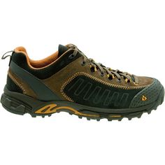 a man's hiking shoe with brown and green accents on the outstep