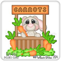 a digital image of a rabbit holding a carrot in front of a sign that says carrots