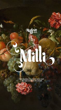 a painting with flowers and fruit in the middle, on a black background that says'malla '