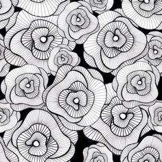 an abstract black and white pattern with flowers