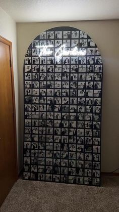 the door is decorated with photos and words