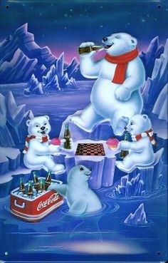 a painting of polar bears drinking beer and playing chess in the snow with coca - cola