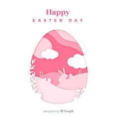 an easter card with pink paper cut out of the shape of two rabbits and clouds