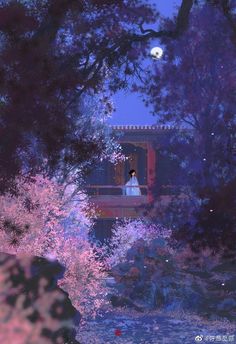 a woman in a white dress is standing on a porch surrounded by trees and flowers