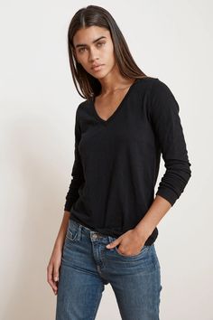 BLAIRE ORIGINAL SLUB TEE – Velvet by Graham & Spencer Versatile V-neck T-shirt For Fall, Fall V-neck Tops For Casual Gatherings, Long Sleeve Cotton V-neck Top For Fall, Ribbed Hoodie, Velvet Tees, Popover Shirt, Pencil Skirts, Black Xs, V Neck Tee